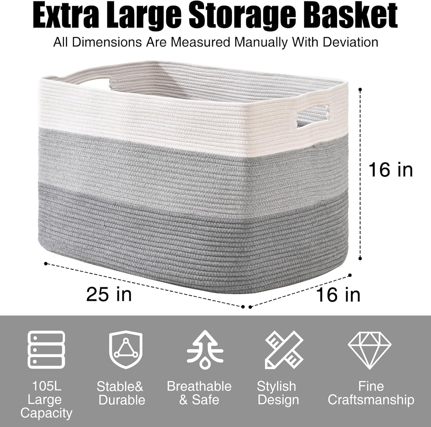 ICERZCZ Extra Large Blanket Basket Living Room, Rectangle Storage Basket, Large Woven Baskets for Storage, Cotton Rope Basket for Toys, Clothes, Gradient Grey - 25”x16”x16” (105L)
