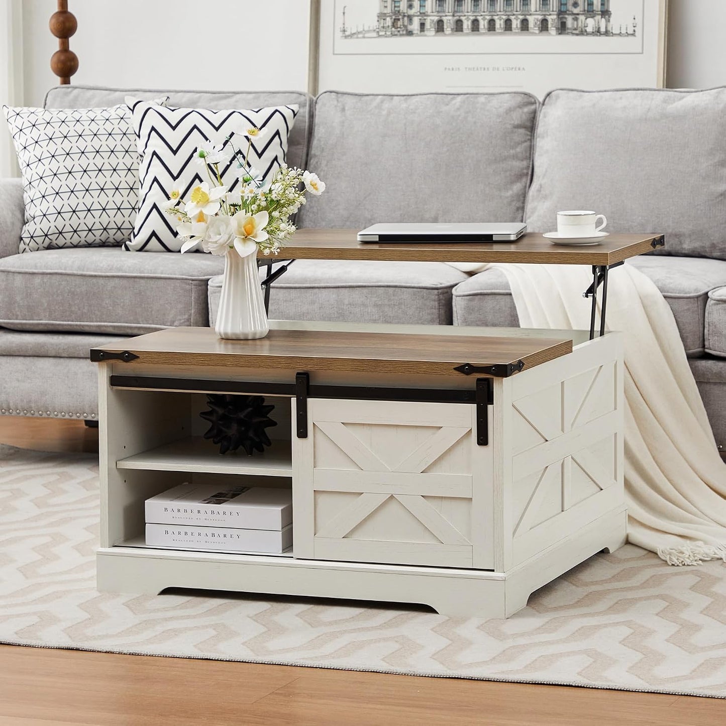 Farmhouse Lift Top Coffee Table, Wood Square Coffee Table with Sliding Barn Door and Adjustable Shelf Rustic Center Table with Hidden Storage Compartment for Living Room, Black