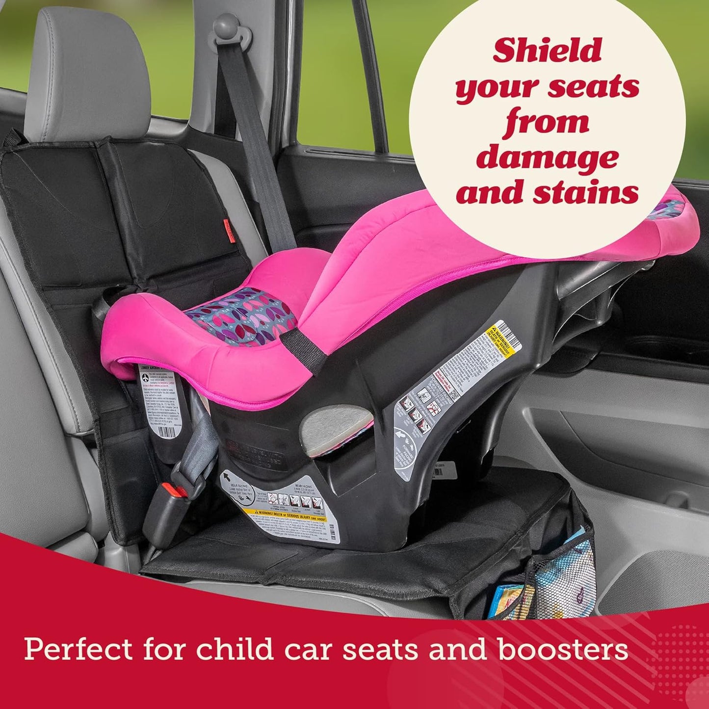 Lusso Gear Car Seat Protector - Waterproof Seat Covers for Infant & Cars - Non-Slip 8-Layer Protector - Rear Shield with Mesh Pockets - Black with Red Stitching, Universal Fit