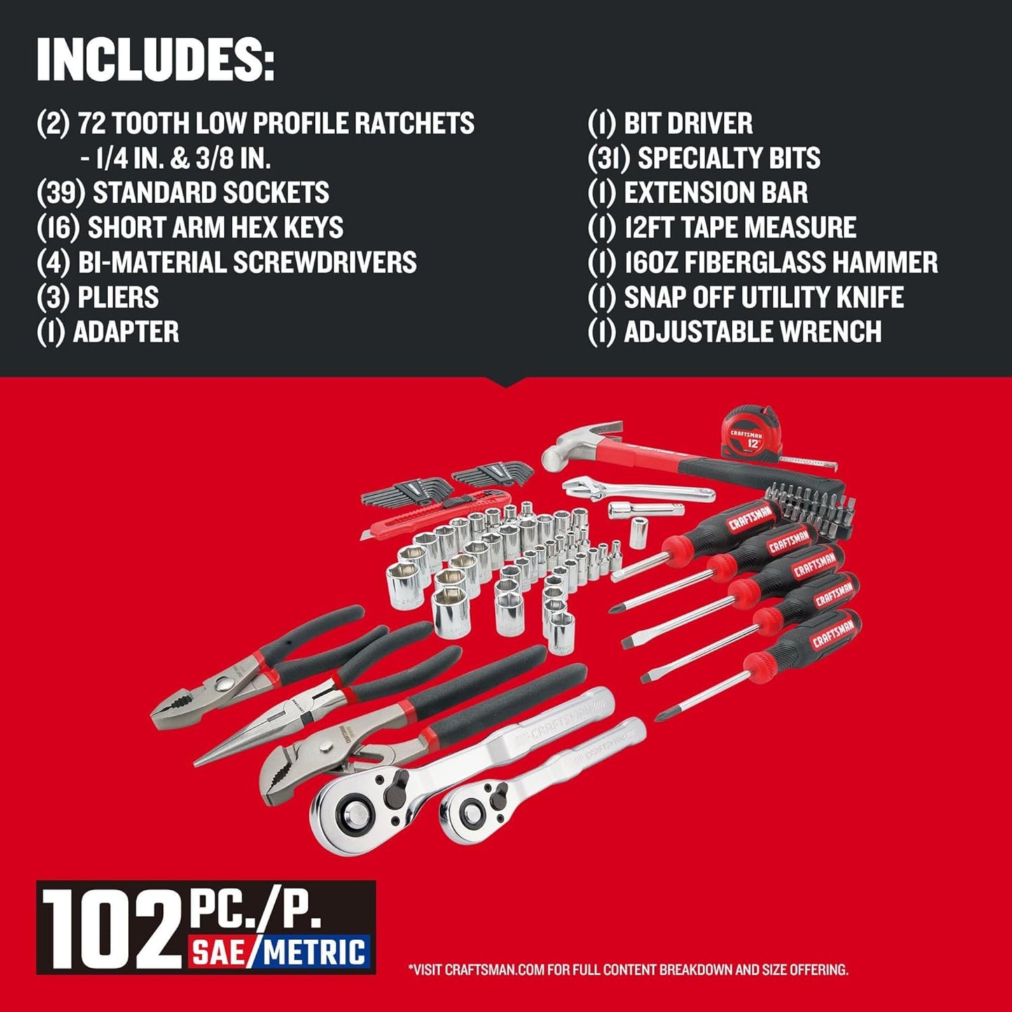 CRAFTSMAN 102-Piece Tool Kit for Home and Car, Durable Hand Tools Set with SAE and Metric Socket Set, Screwdrivers, Wrench, Hammer, Pliers, Knife, Hex Keys, Specialty Bits, Tape Measure (CMMT99449)