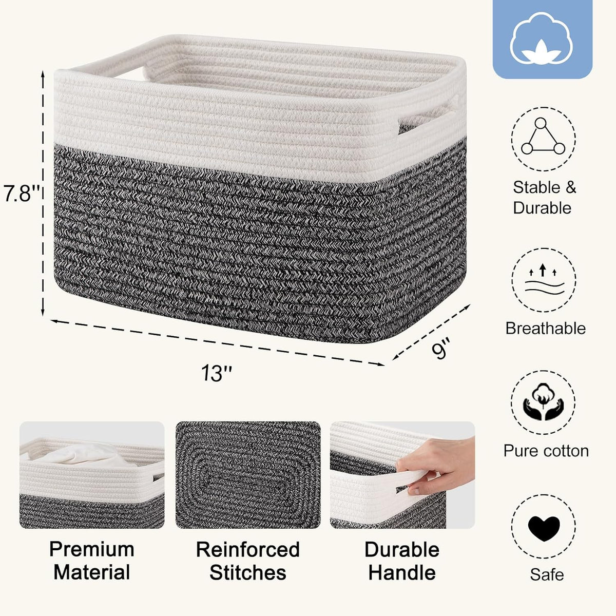 4 Pack Storage Baskets for Organizing, Woven Baskets for Shelves - Perfect for Toys, Books, Towels, and Clothes, Durable Gift Basket Bins Toy Storage, 12.7''Lx9''Wx7.8''H, Black & White