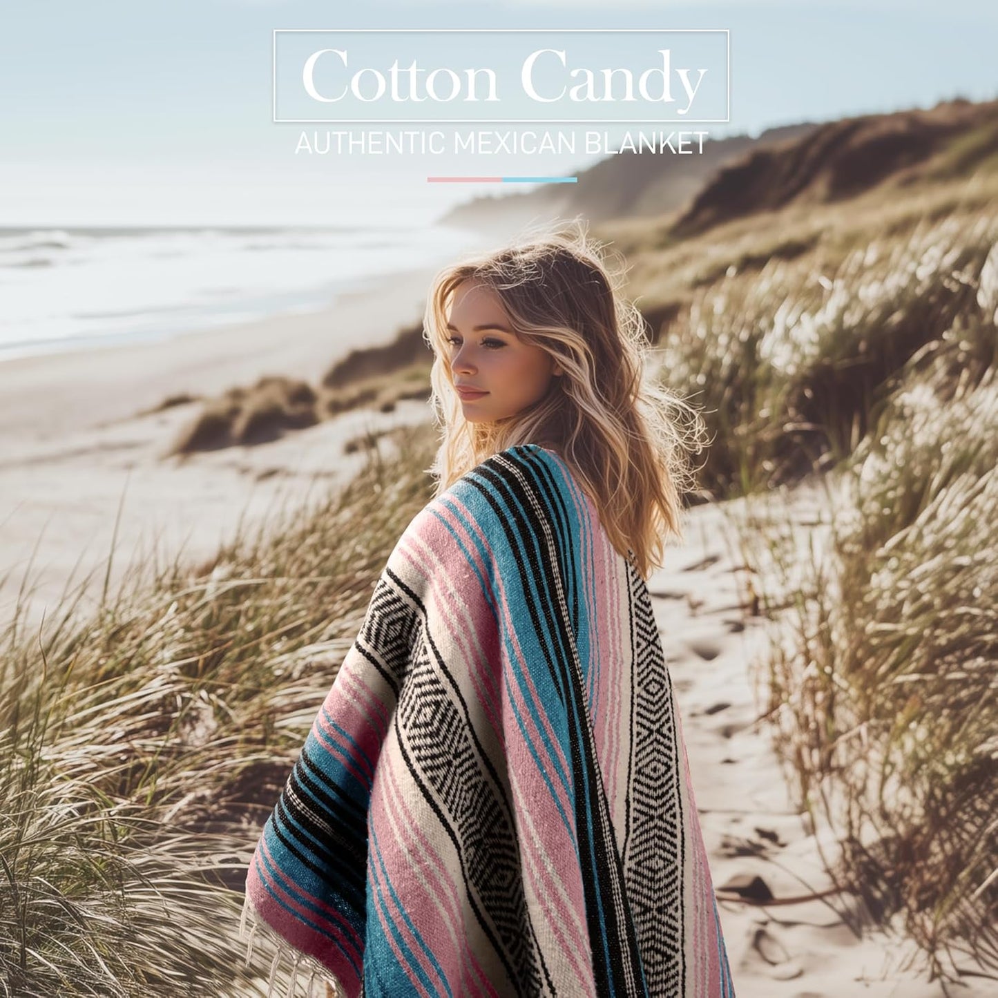 Hydration Nation Authentic Large Handwoven Mexican Striped Throw Blanket - Soft, Durable, Eco-Friendly - 70"x50" - Cotton Candy