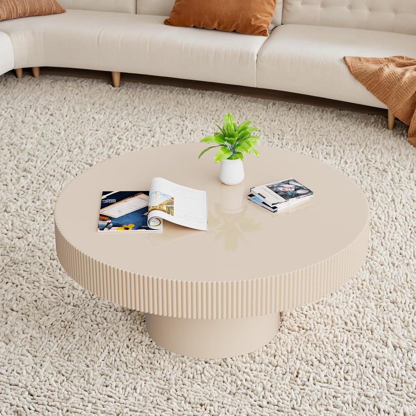 Round Fluted Coffee Table with Sturdy Pedestal (Lvory White Thin 30.71in) | Rustic Circular Pedestal Center Table with Round Thin Tabletop, for Living Room Reception Room Study Farmhouse