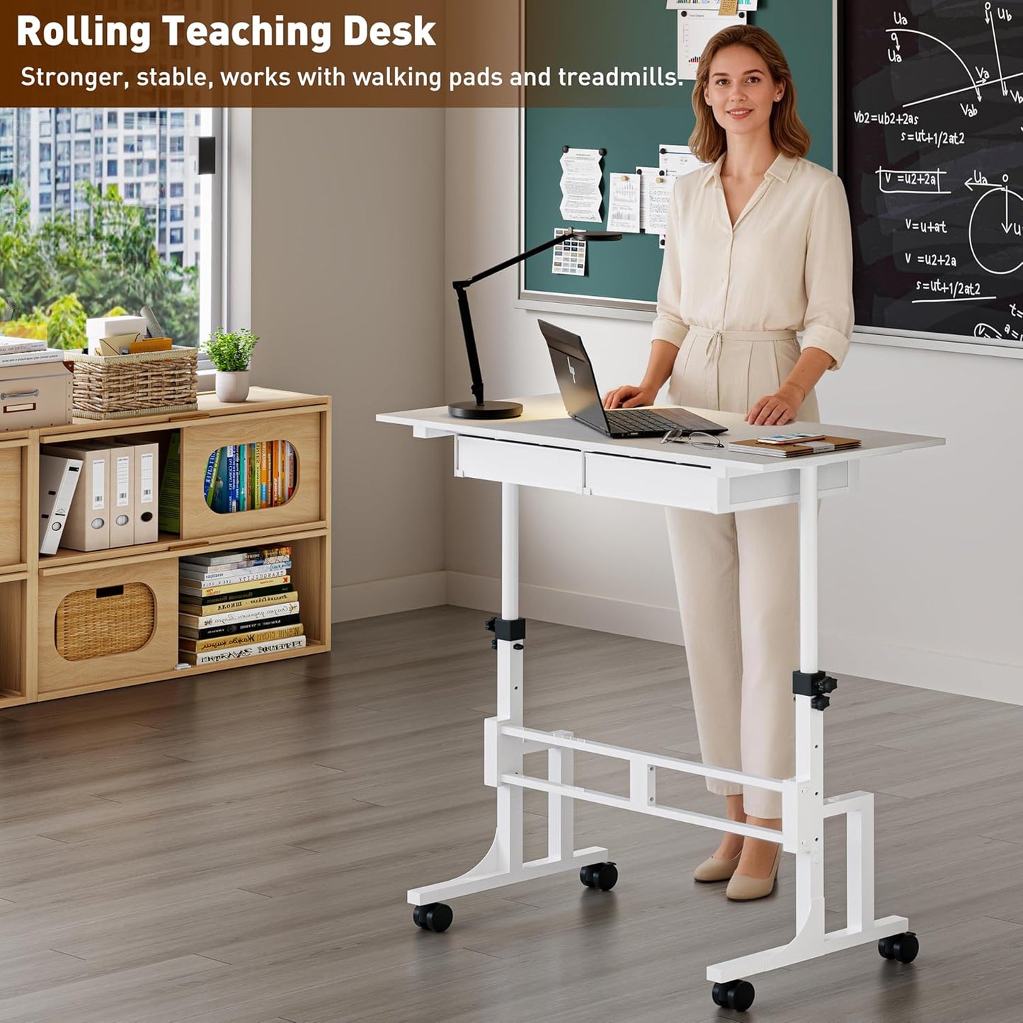 Height Adjustable Standing Desk with 2 Drawers, Small Sit Stand Up Desk with Wheels, Portable Rolling Desk for Walking Pad Treadmill, Computer Office, Adjustable 31.5"-43.3", White, Upgraded Stable