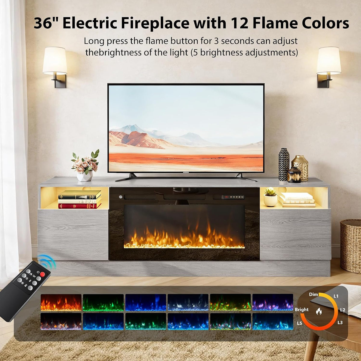 70" TV Stand with 36" Electric Fireplace, Large Modern Media Entertainment Center with Storage Cabinet and 12 Colors LED Lights for TVs Up to 80",Grey and Black