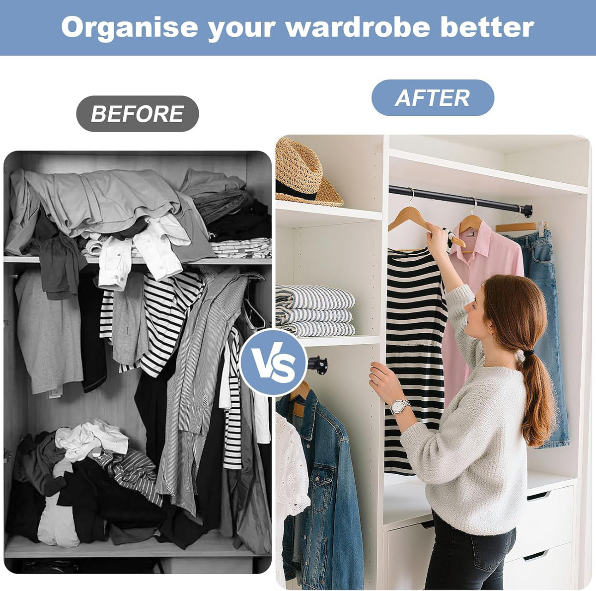 Closet Rods For Hanging Clothes,17-39 Inches Stepless Spring Adjustable Closet Rod With bracket U-shaped,1.3 Inches Heavy Duty Closet Hanging Rod For Wardrobe,Laundry room,Bathroom And Windows