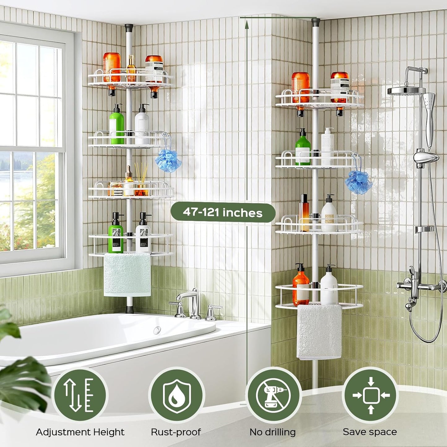 HAMITOR Corner Shower Caddy Tension Pole: Rustproof Bathroom Organizer Shelves for Bathtub Shampoo Accessories Storage Holder - 47-121 Inch Adjust - White