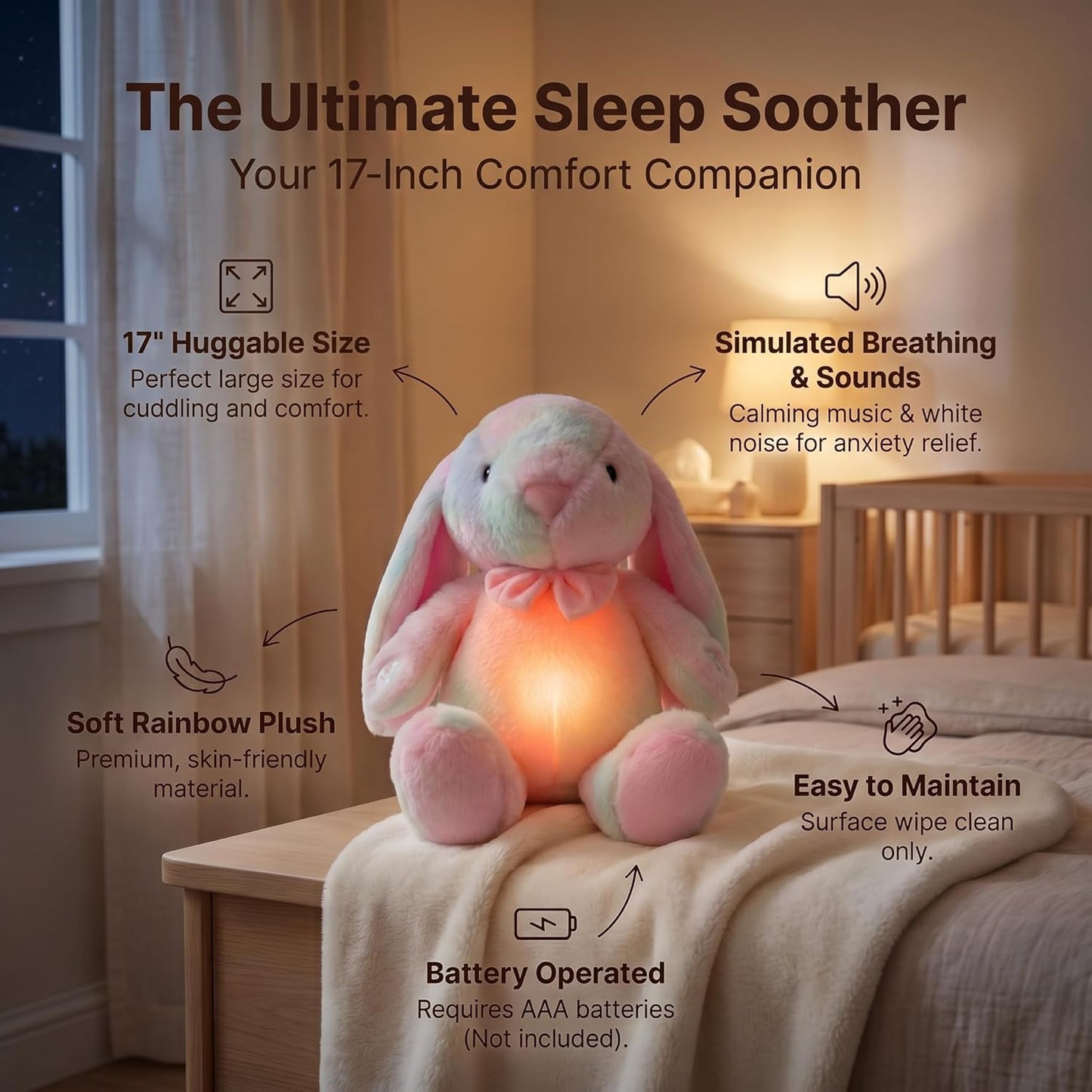 Breathing Bunny Stuffed Animal, 17 Inch Rainbow Plush with Rhythmic Breathing Motion, Soft Light & Soothing Sounds, Calming Sleep Companion Gift for Kids, Girls & Adults