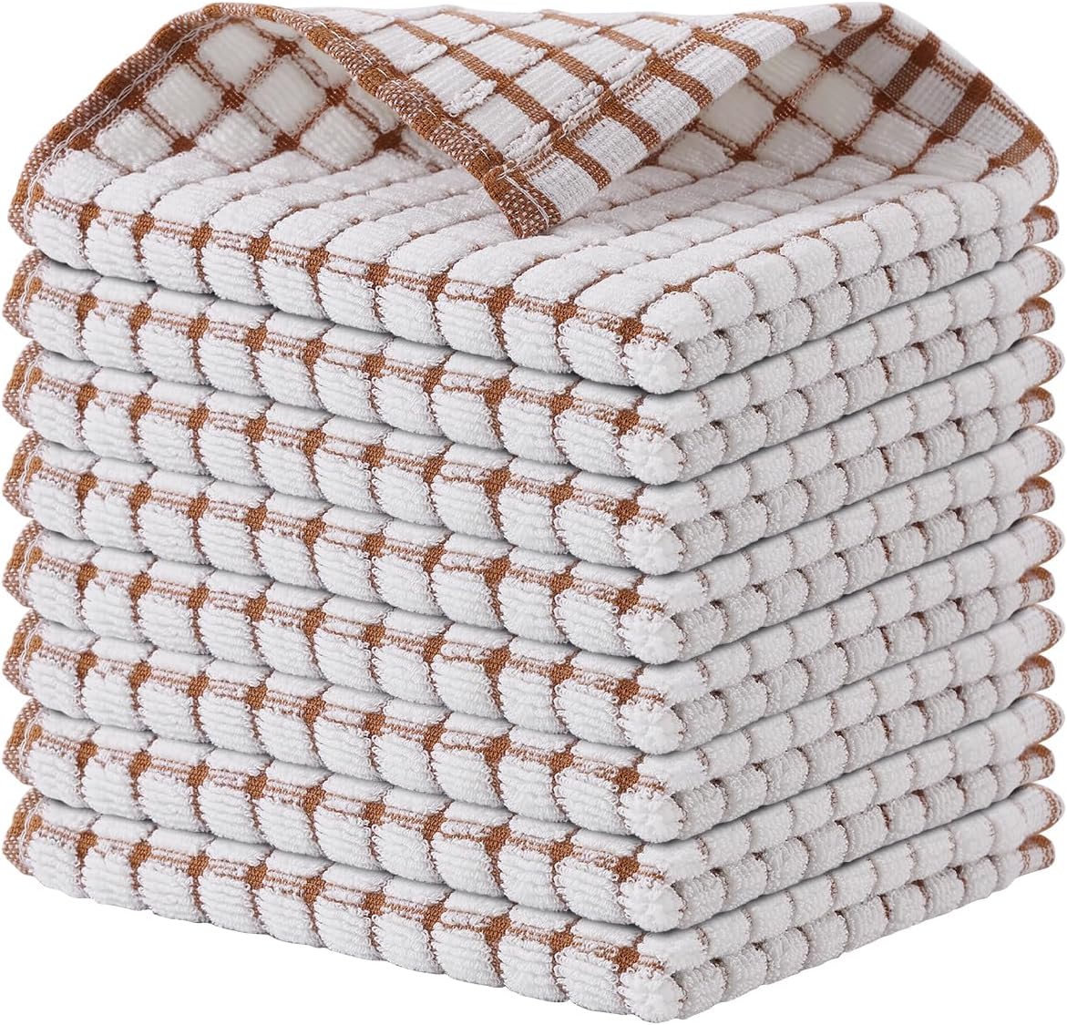 Kitinjoy Cotton 8 Pack Terry Kitchen Dish Cloths, 12 x 12 Inches Super Soft and Absorbent Dish Rags, Quick Drying Dish Towels for Washing Dishes, Brown