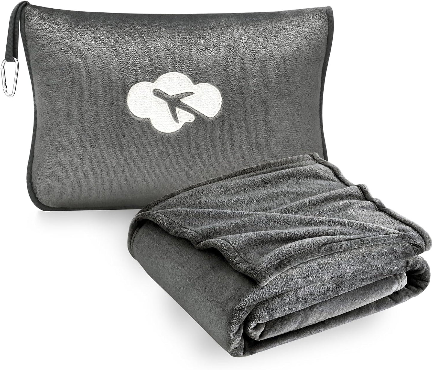 Travel Blanket and Pillow Compact, Premium Soft 2 in 1 Airplane Blanket with Soft Bag Pillowcase，Hand Luggage Sleeve and Backpack Clip (Brown)