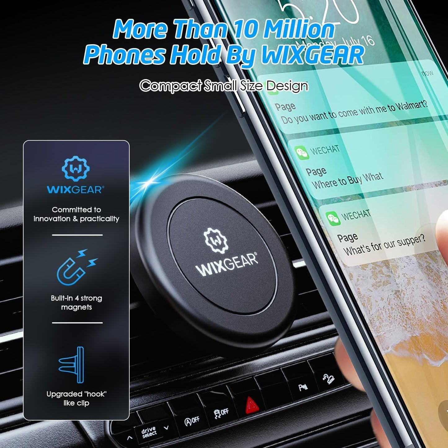 WixGear Universal Air Vent Magnetic Phone Car Mount Holder with Fast Swift-Snap Technology for Smartphones and Mini Tablets, Black 1 Pack