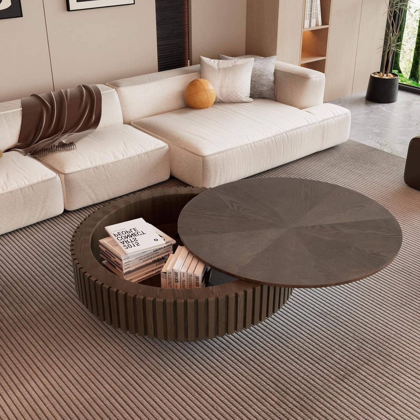 JHKZUDG 31.5'' Round Drum Coffee Table with Hidden Storage (Brown) | Fluted Coffee Table with Solid Wood Veneered Modern Wooden Circle Center Table Tea Table for Living Room Home Office