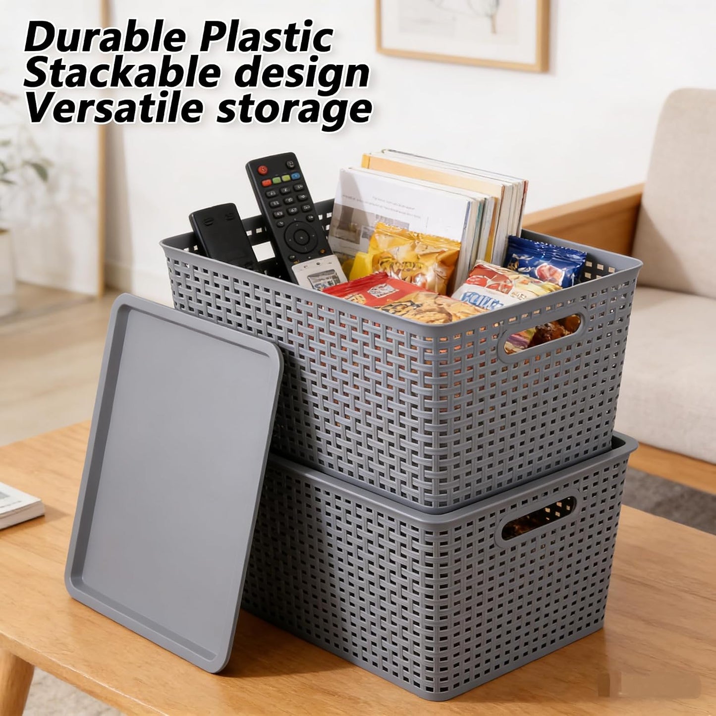 6 Pack Plastic Storage Bins with Lids, Stackable Storage Baskets with Handles, Large Organizer Bins for Desk, Shelves, Office, Plastic Container Bins for Pantry Organizers and Storage, Grey
