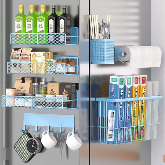 Magnetic Spice Rack for Refrigerator, 7 Pack Metal Magnetic Shelf, Moveable Magnetic Storage Fridge Organizer, Spice Organizer, Hook Rack, Paper Towel Holder, Utensils and Cutting Board Holder, Blue