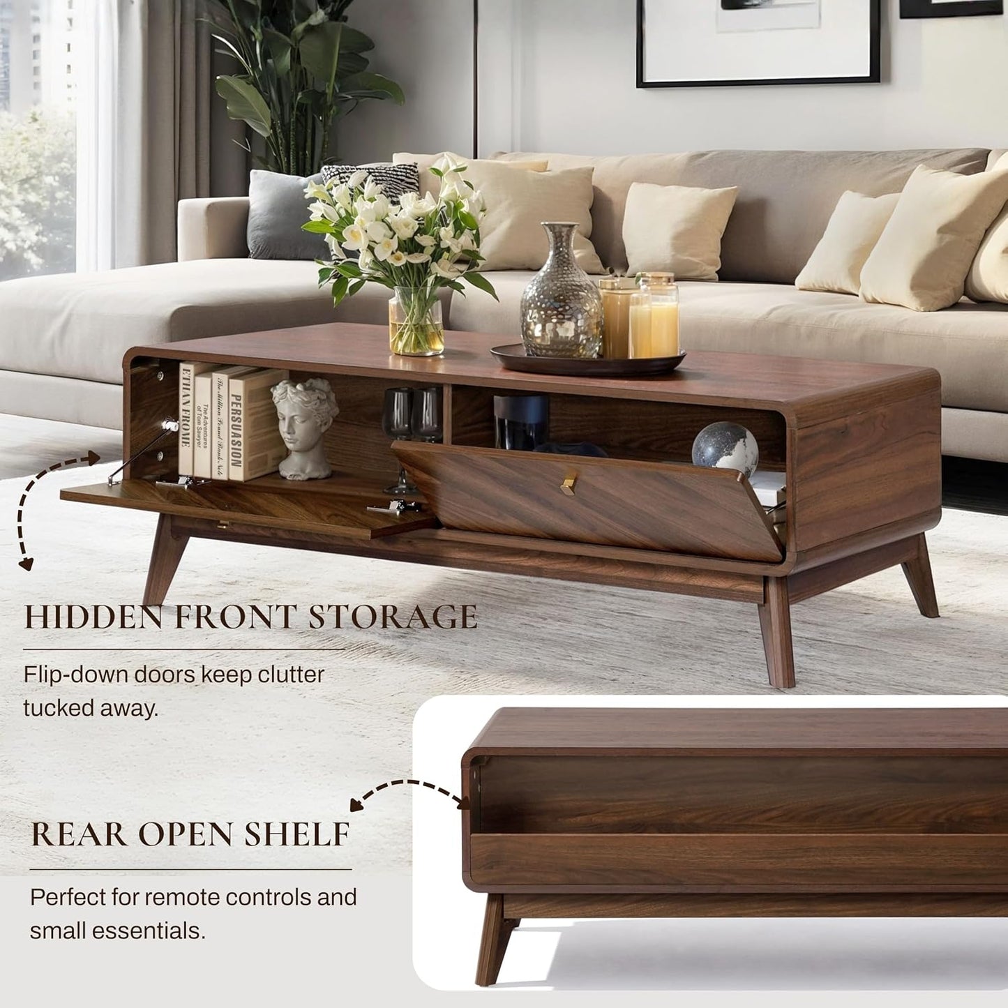 LuxenHome 47" Live Edge Mid Century Modern Walnut Coffee Table with Storage | Wooden Center Table with Storage, Geometric Wood Grain Fronts, Spacious Concealed Storage, and Tapered Legs