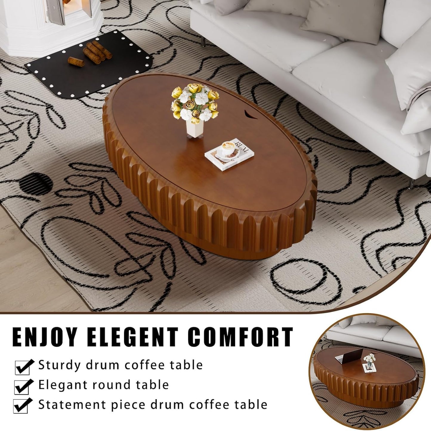 43.3" Oval Drum Fluted Coffee Table (N) | Mid-Century Modern, Easy Assembly, Sturdy Pedestal, Center Tables for Apartment Living Room