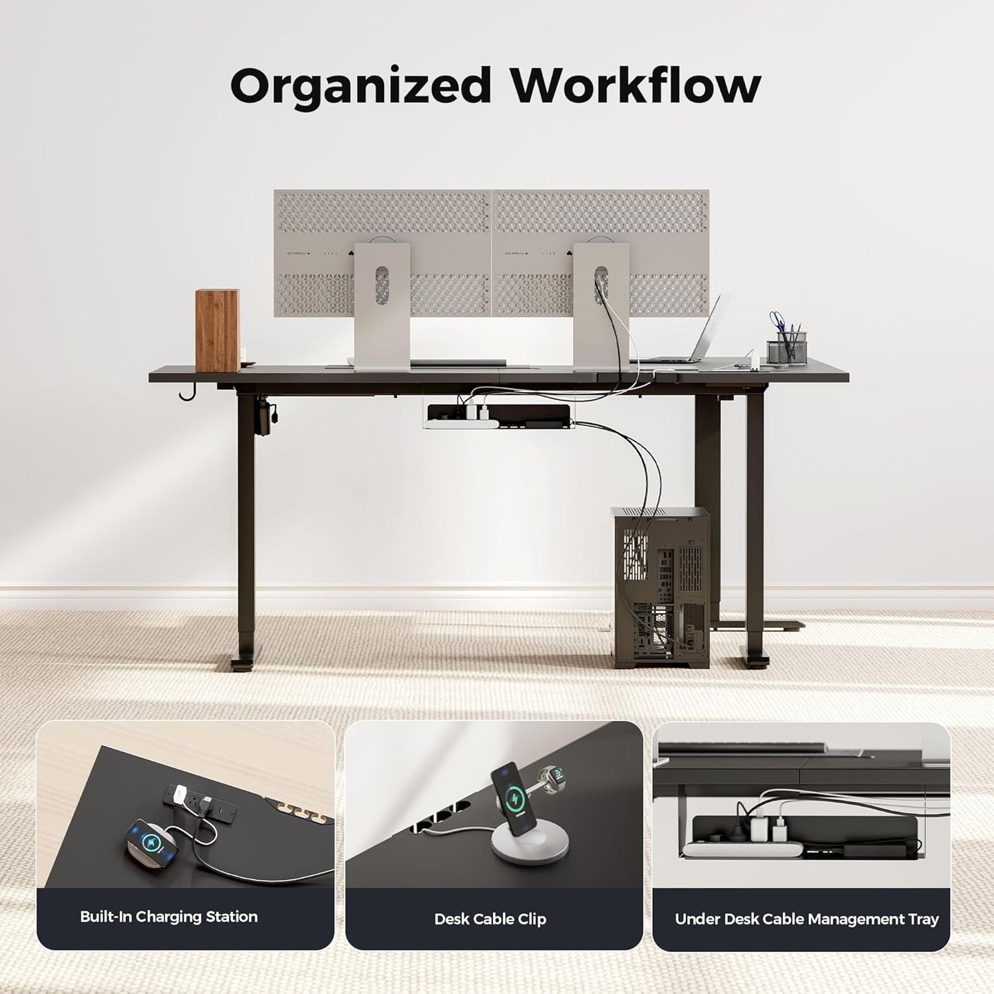 Agilestic Electric L Shaped Standing Desk 63 x 55 Inch with Power Outlet, Height Adjustable Corner Stand up Desk with Cable Management,Sit Stand Home Office Workstation with Splice Board, Black