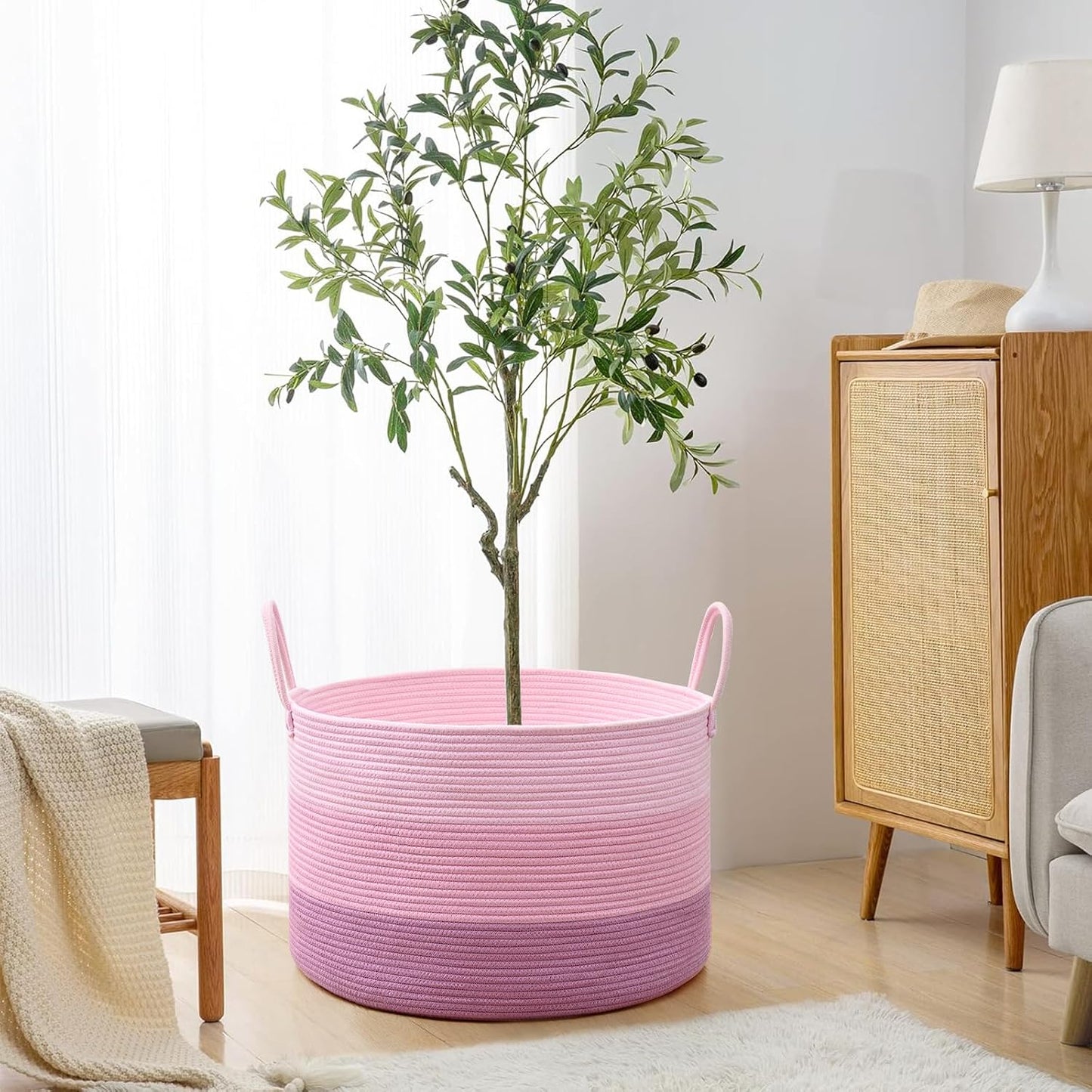 67L Large Woven Blanket Basket, Cotton Rope Baby Laundry Hamper with Handles, Kids Toy Basket for Classroom & Nursery, Soft Round Stuffed Animal Storage, Dog Toy Bin - 20"x13", Pink