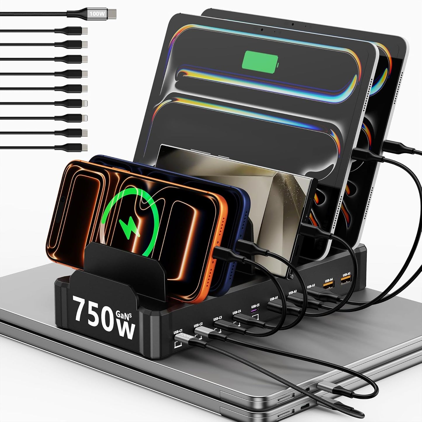 750W Charging Station for Multiple Devices, Zobirez 10-Port Fast Charger, 5 USB-C 120W Each and 5 USB-A 30W Each, Desktop Charging Hub for Laptop Phone Tablet, Black