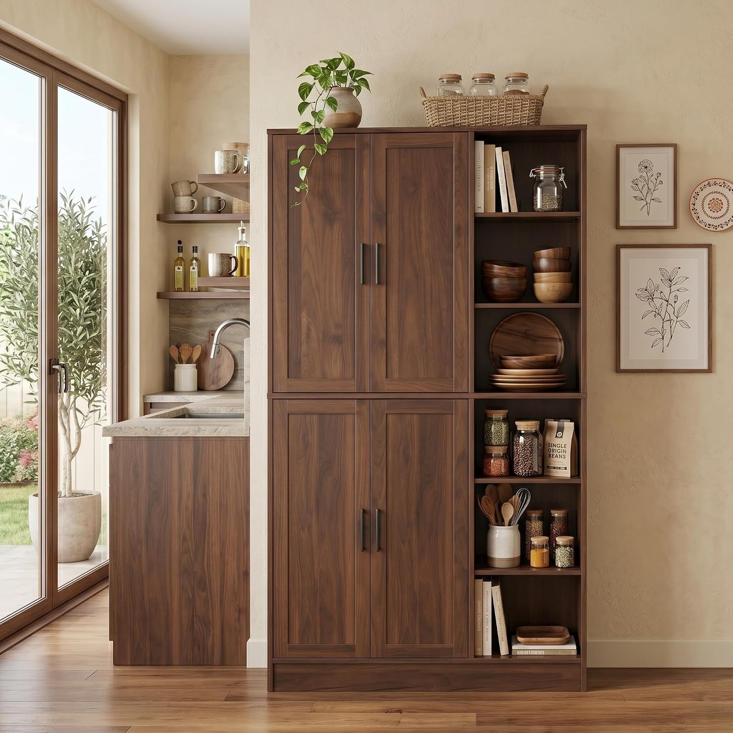 holzart 63" Tall Kitchen Pantry Cabinet, Freestanding Dining Room Storage Hutch with 4 Doors and Adjustable Shelves, Modern Utility Cupboard for Coffee Bar and Microwave, Brown
