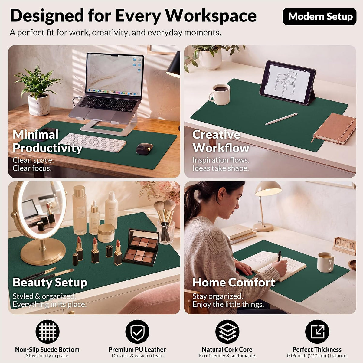 AFIING Cork Desk Mat, Dark Green, 31.5" x 17",Desk pad Protector