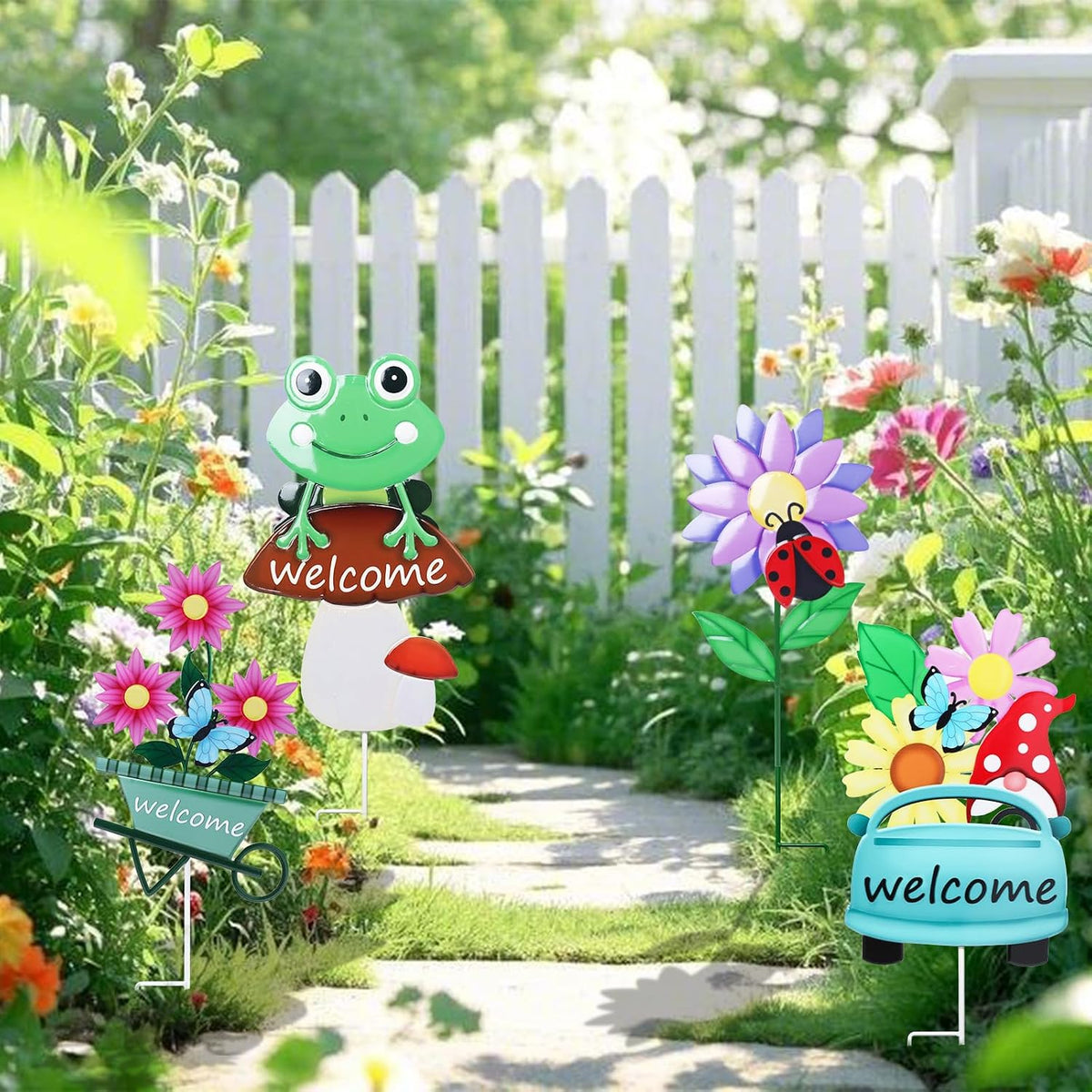 WONDER GARDEN Outdoor Garden Stakes Welcome Decor, 4Pcs Flower Yard Signs