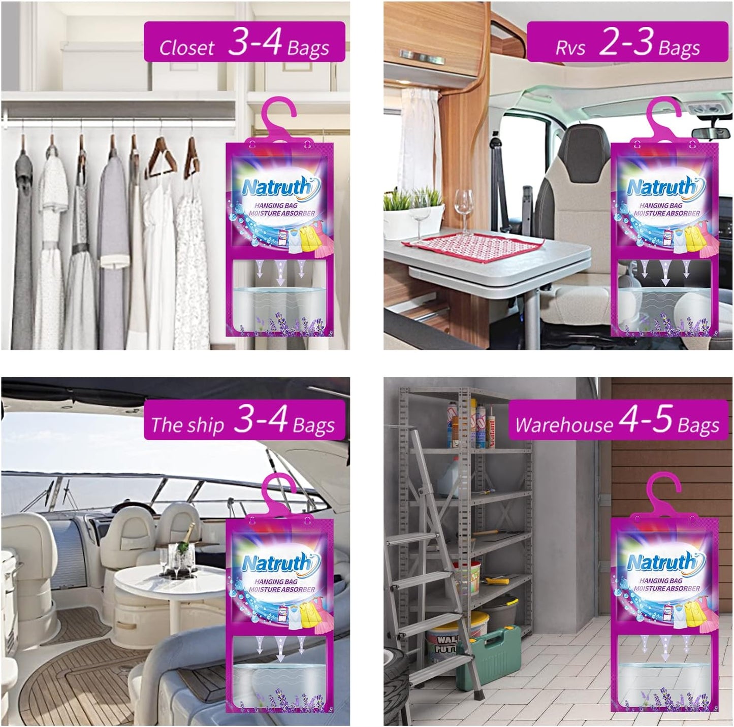 NATRUTH 12-PACK Moisture Absorber Bags With Lavender,Desiccant Hanging Bag Use for Kitchen Bathroom Wardrobe, Eliminates Odors，Odor Absorber Humidity Packs, Hanging Closet Dehumidifier Bags for Closet
