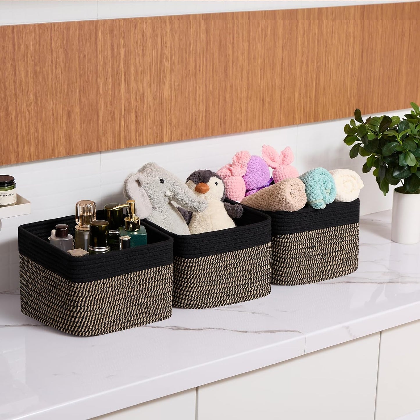 MiniArk Small Organizing Baskets for Cubes Shelf, 9.7x9.7x7.1 Inch Rope Woven Storage Bins for Nursery Shelves Storage, Cute Toy Basket, Square 3 Packs Black Brown