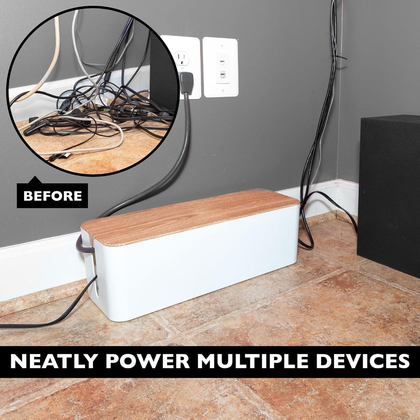 Iron Forge Cable Cable Management Box, 2 Pack - White with Wood Top | Cord Organizer & Cable Hider, For Wires, Power Strips & Surge Protectors, Includes Cable Sleeve, Hook & Loop Keepers