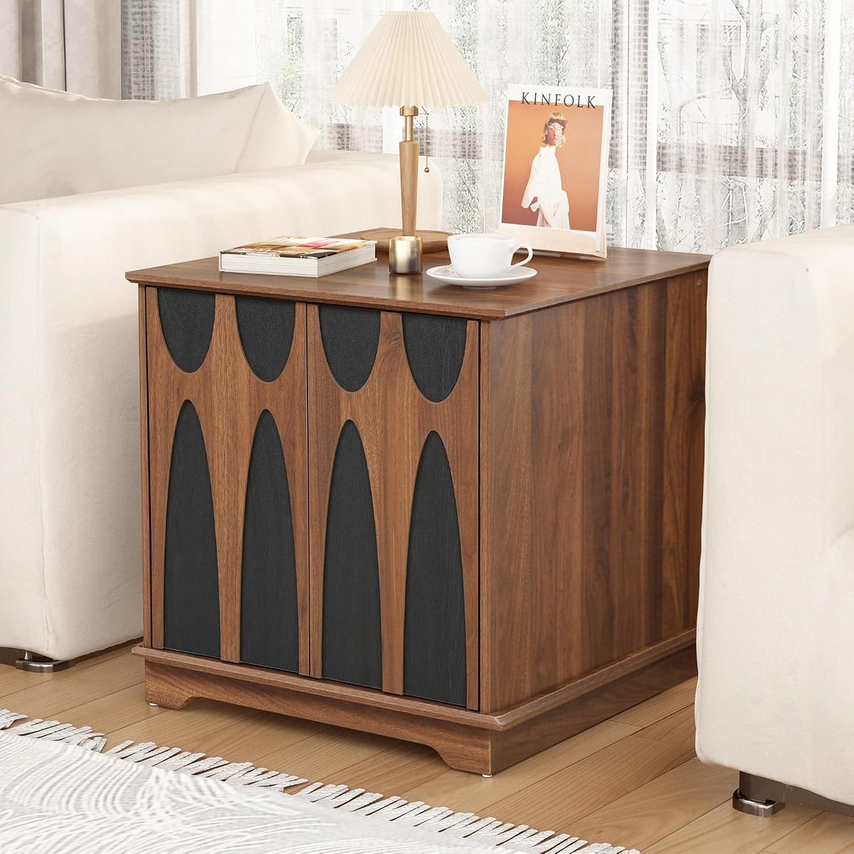 Bifins 24inch Large Square End Table with Storage, Walnut and Black