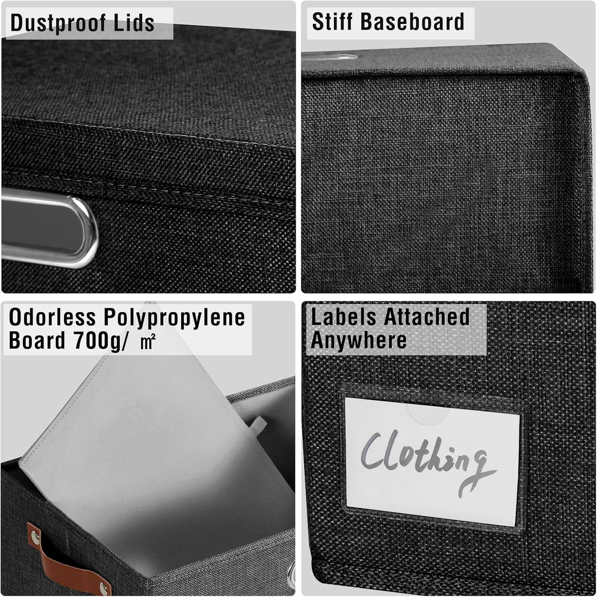 Roobyl 17" Large Fabric Storage Box with Lids, 3-Pack, Black