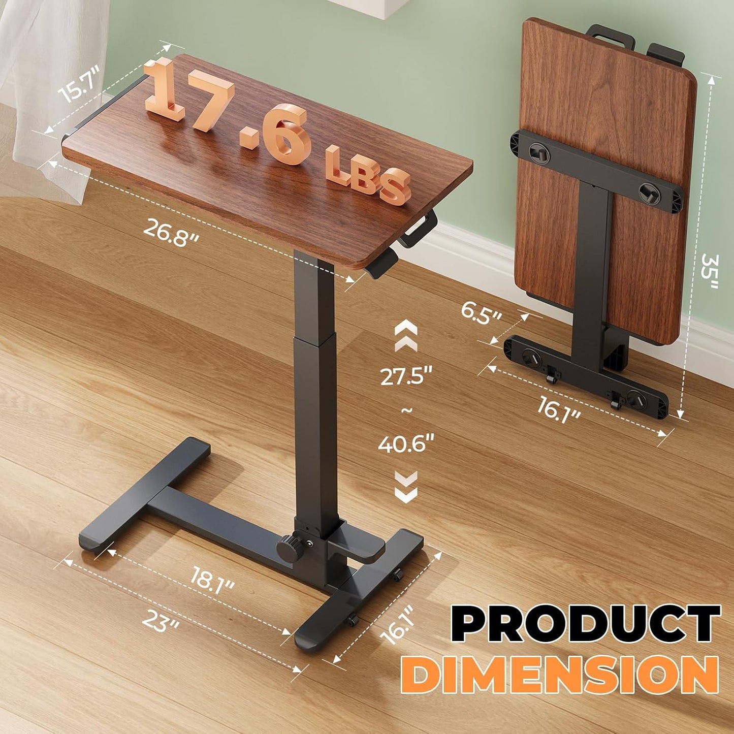 Foldable Mobile Standing Desk, 27 Inch Small Rolling Laptop Cart Height Adjustment, 90° Tiltable Bedside Table, No Assembly Needed Portable Computer Workstation, Dark Wood
