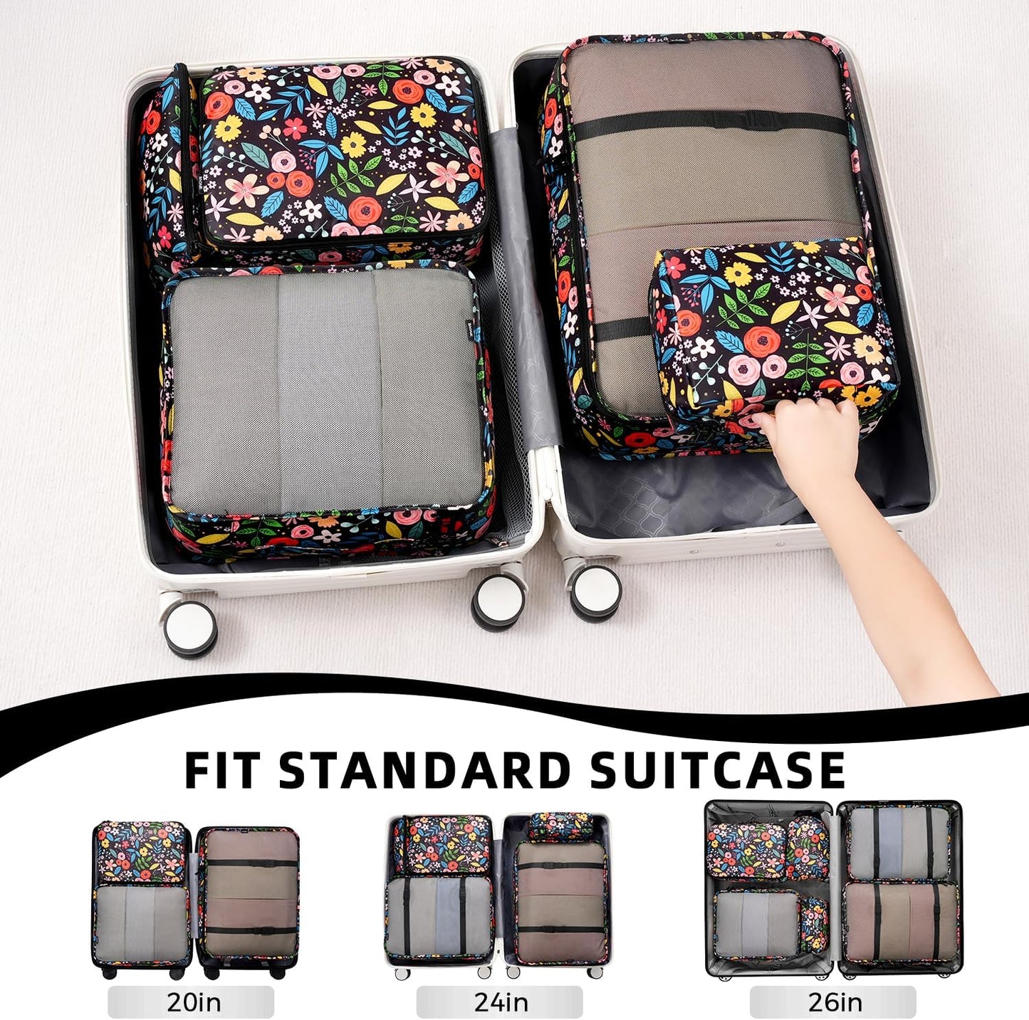 BAGAIL 8 Set Packing Cubes Luggage Packing Organizers for Travel Accessories-Black Floral