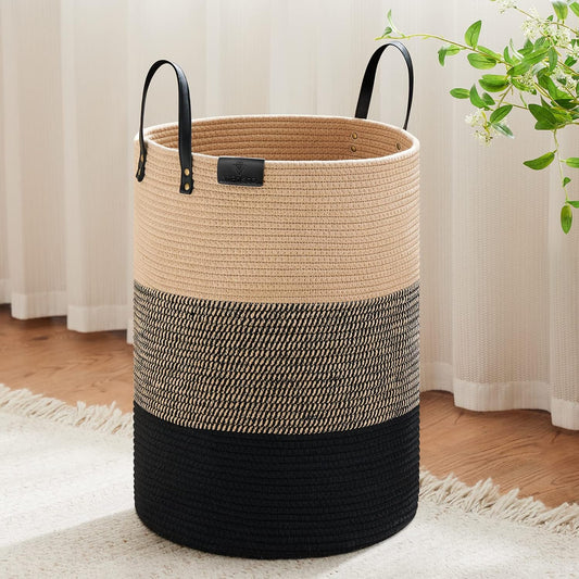 VIPOSCO 72L Tall Woven Rope Laundry Hamper, Leather Handles, Brown & Black