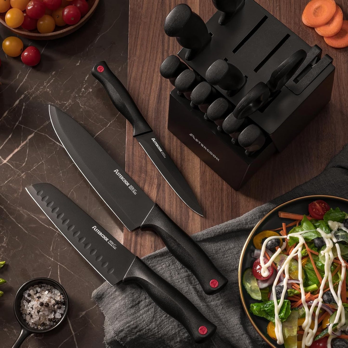 Knife Set, Astercook 15 Pieces Knife Sets for Kitchen with Block, Dishwasher Safe Kitchen Knife Set with Built in Sharpener Block, German Stainless Steel Kitchen Utensils Set