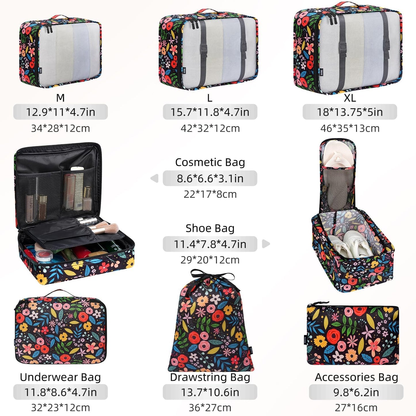 BAGAIL 8 Set Packing Cubes Luggage Packing Organizers for Travel Accessories-Black Floral