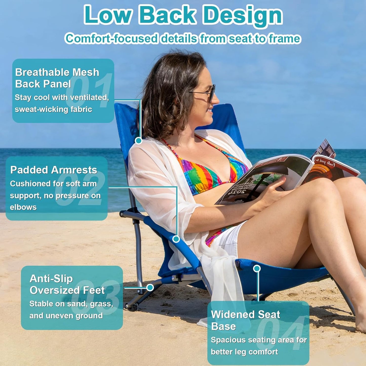 Romswi 2 Pack Lightweight Low Beach Chairs with Breathable Mesh Back, 6LBS Folding Portable Sand Chairs with Cup Holder, Heavy Duty 400lbs Capacity for Camping & Outdoor Use, Blue