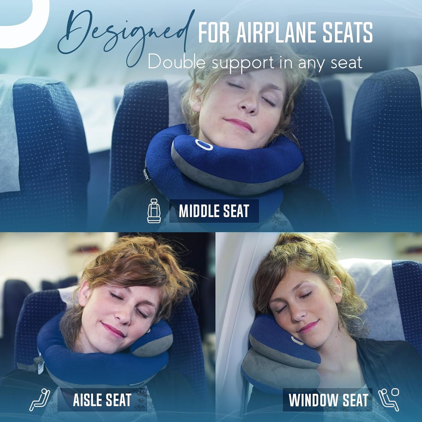 BCOZZY Travel Neck Pillow for Airplane – Patented Double Support for Head, Neck, and Chin. Best for Long Flights, Plane Sleeping, and Car Rides. Adjustable Size. Fully Washable. Carry Bag. Large, Gray
