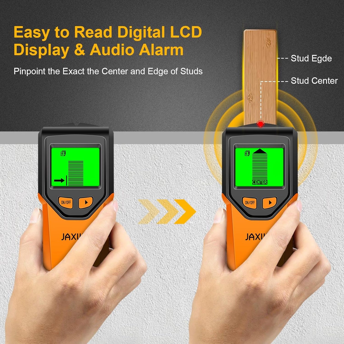 Stud Finder Wall Scanner - 5 in 1 Stud Finder Tool w/Smart Chip and HD LCD Display, Stud Detector Beam Finders for the Center and Edge of Wood AC Wire Metal Studs Joist Pipe (Orange Juice)