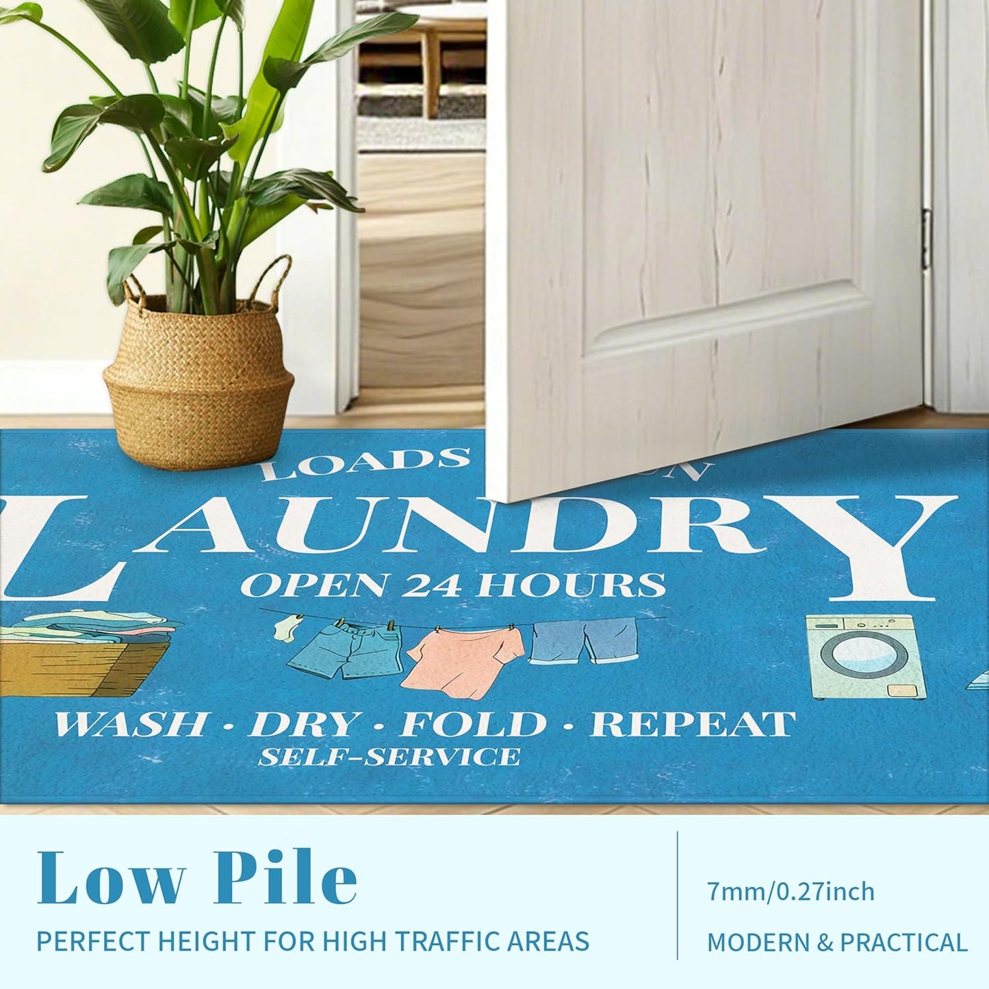 Washable Laundry Room Rug, 20"X47" Non Slip Laundry Mat Runner Soft Low-Pile Laundry Room Organization Farmhouse Decor Area Rug for Entryway Hallway Kitchen Bathroom Blue