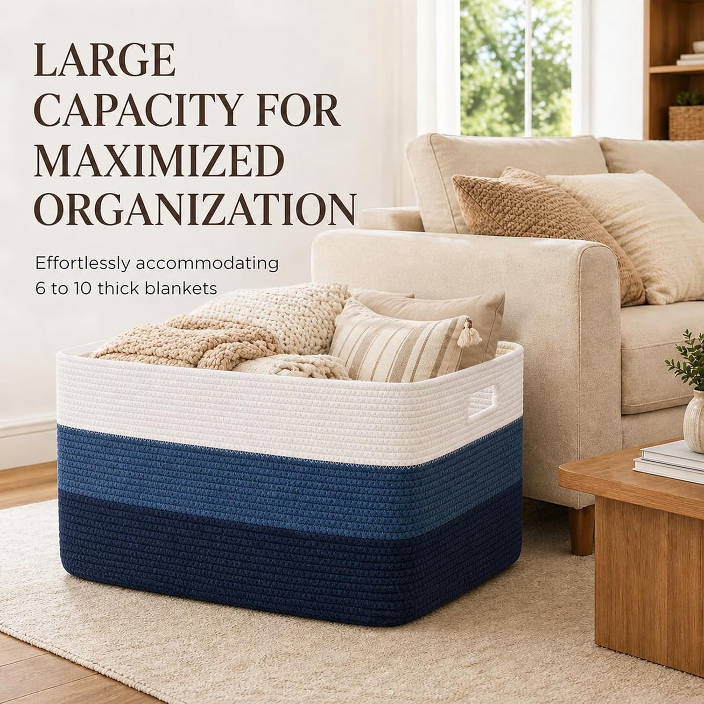 OIAHOMY Blanket Basket Laundry Basket Dog Toy Basket 75L Gradient Blue | Large Storage Basket,Baby Basket,Toy Storage,Woven Rope Basket for Blankets,Blanket Storage for Living Room