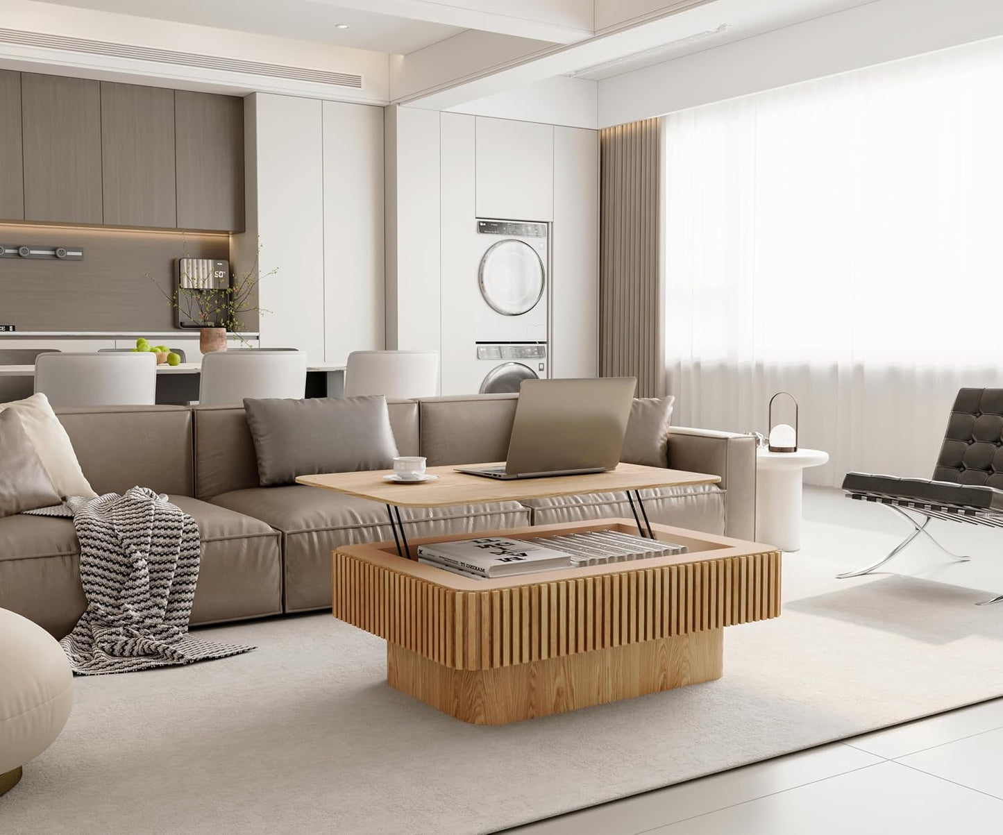 38.6'' Lift Top Coffee Table with Hidden Compartment, Modern Rectangular Fluted Wooden Center Table Cocktail Tea Table with Storage and Adjustable Height for Living Room Apartment,Natural