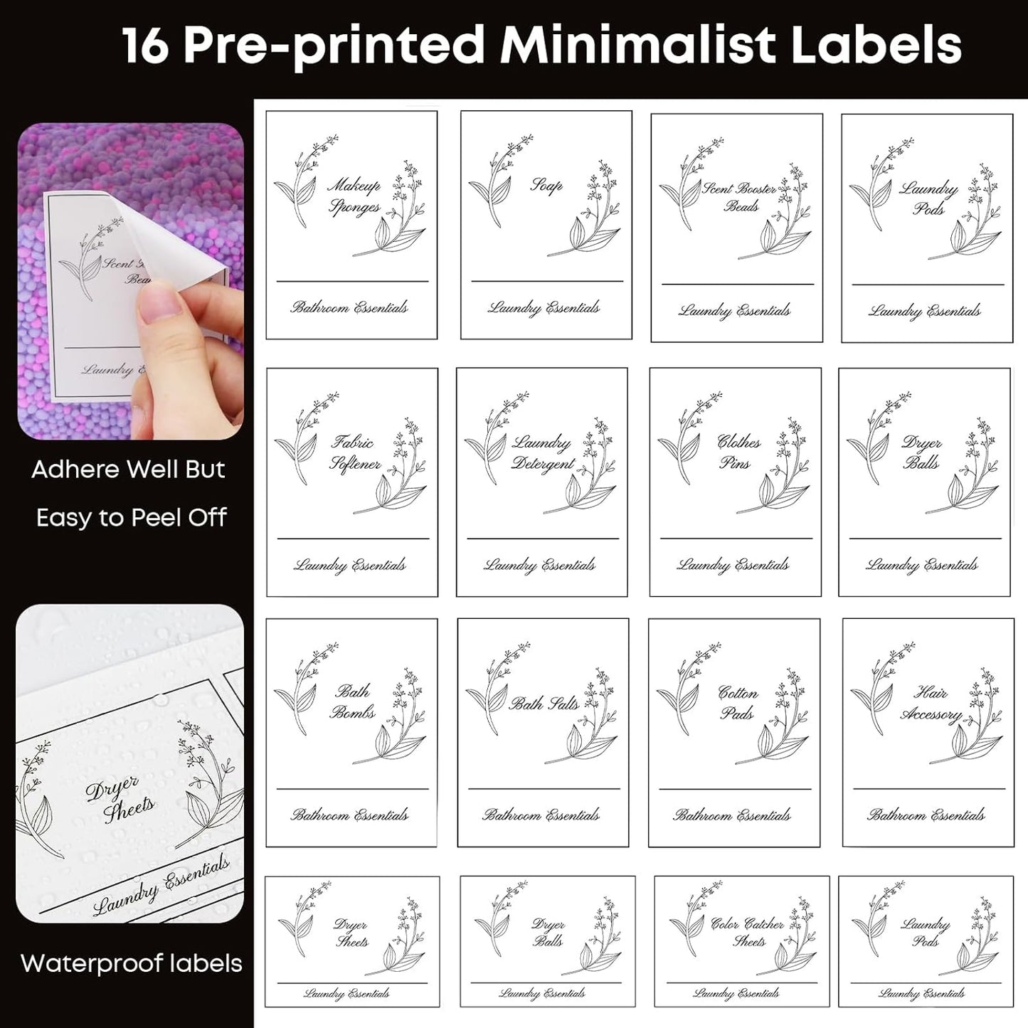 COAZEX 4 Pack Clear Laundry Pods Container & Dryer Sheet Holder, Plastic Square Laundry Room Organization and Storage Jars with Lids, Scoops & Labels for Detergent, Powder, Dryer Balls (Black Lid)