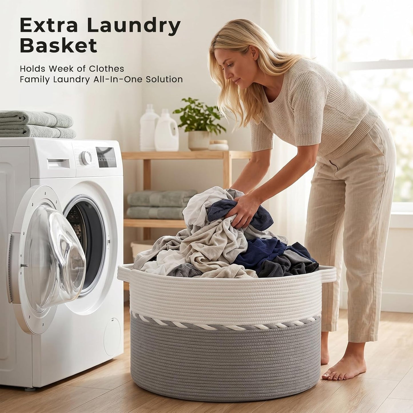 OIAHOMY 90L Extra Large Blanket Basket - Decorative Cotton Rope Storage Basket for Bedroom, Living Room & Nursery - Woven Laundry Hamper for Organizing Blankets, Clothes & Toys - Grey & White