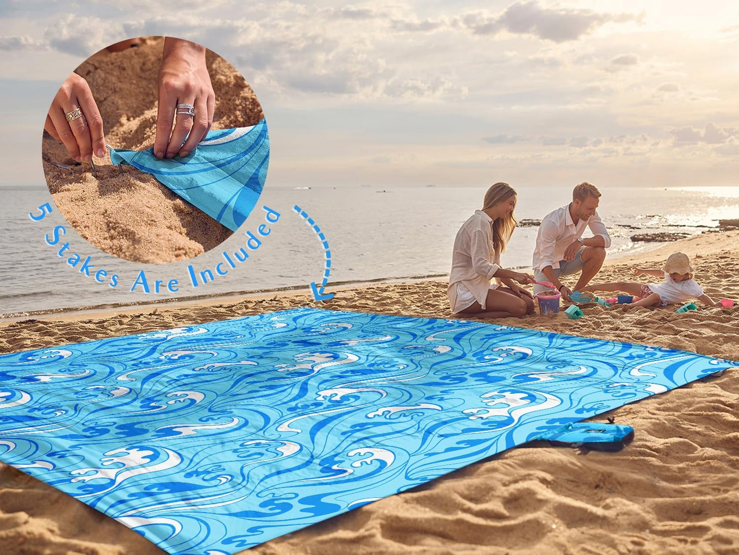 WEKAPO Beach Blanket Waterproof Sandproof Oversized Extra Large Sand Free Beach Mat with Stakes, Storage Bag - Essentials for Outdoor Beach, Picnic (Blue Ocean Waves, 8 X 7 FT (1~4 Person))