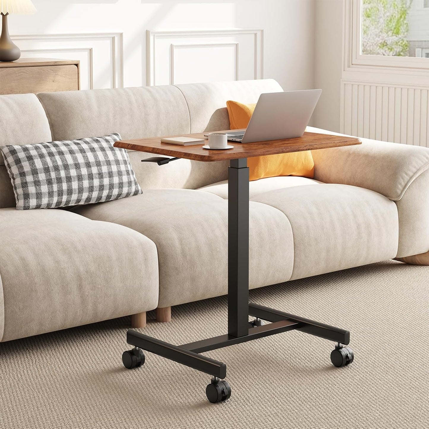OLIXIS Mobile Rolling Desk with Wheels Small Standing Laptop Desks Portable Pneumatic Adjustable Height Sit Stand Table Computer Workstation for Home Office Rustic Brown