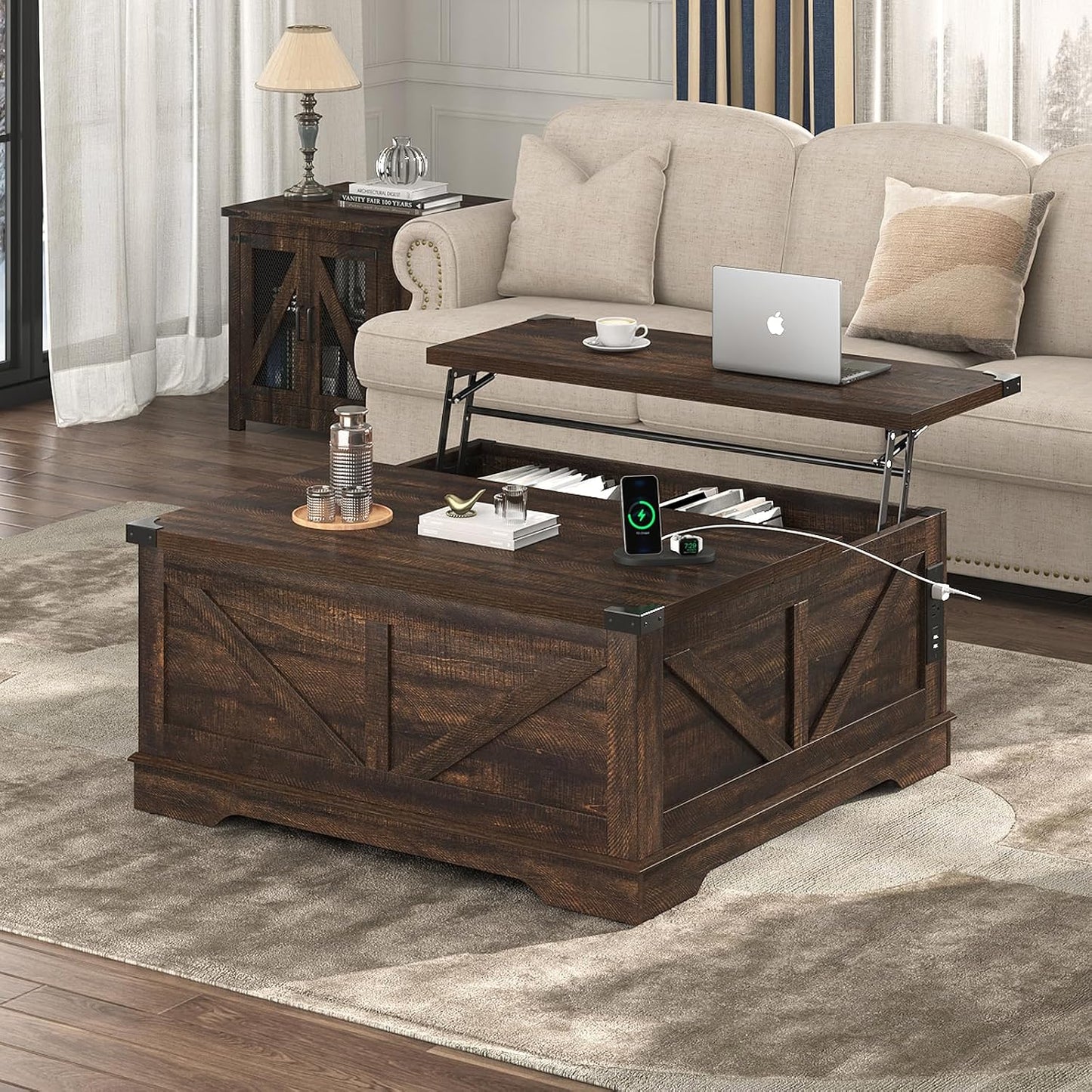 Hlivelood 40” Large Farmhouse Lift Top Coffee Table with Power Outlets and Large Hidden Storage, Square Wood Living Room Tables, Multi-Function Lift Wooden Barn Door Center Table, Brown