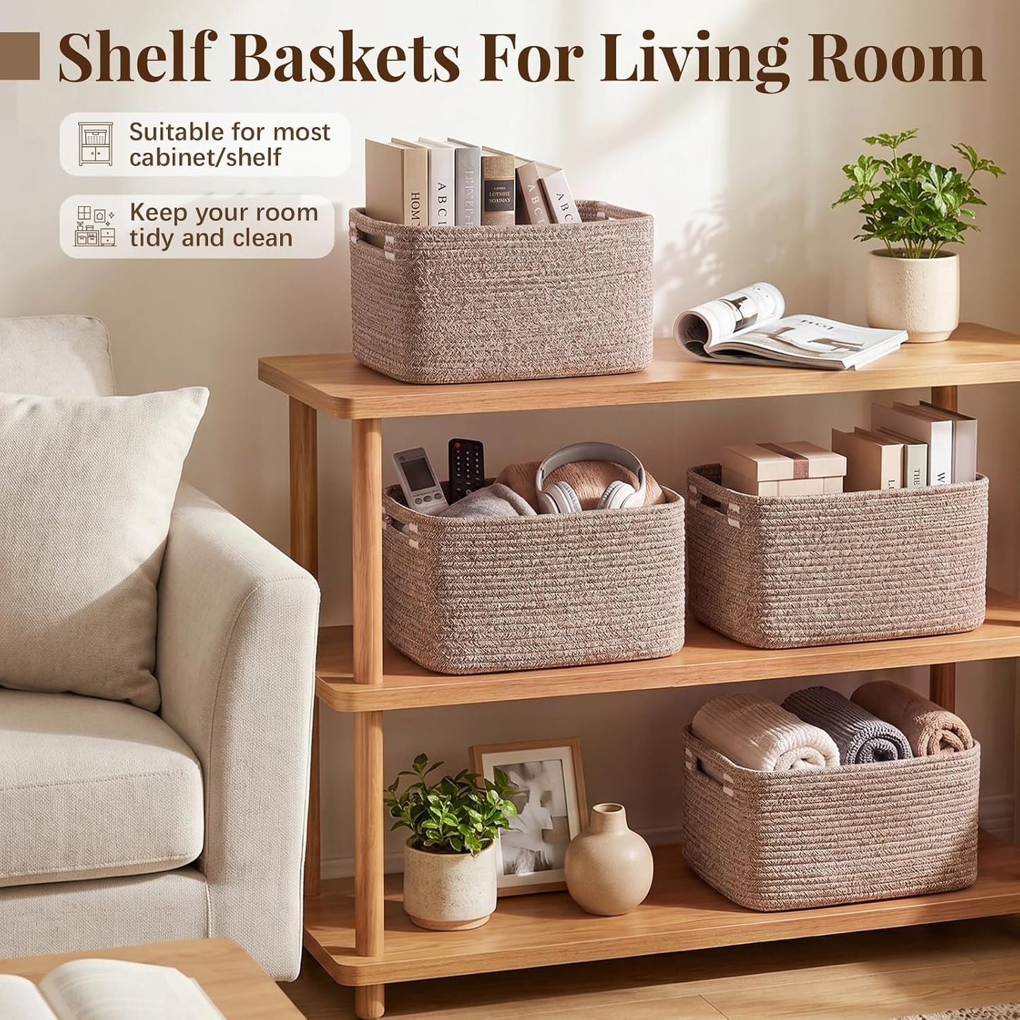 OIASKET 4Packs Natural Cotton Rope Storage Baskets for Organizing Toys, Clothes, Towels & Books, Soft Versatile Organizers for Shelves, Home Decorative Bins, 13''Lx9''Wx7.8''H, Linen Brown