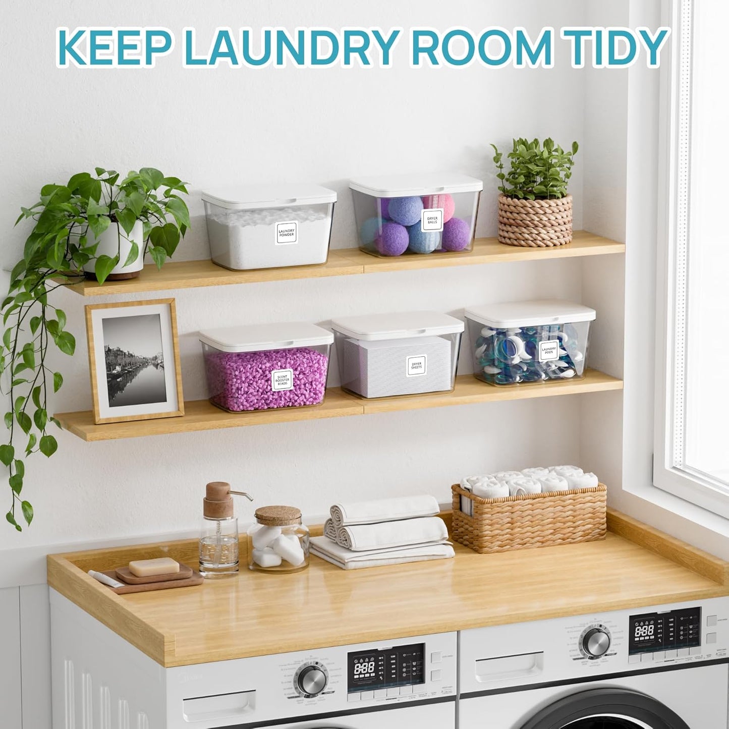 Vtopmart 4 Pack Laundry Pods Container and Dryer Sheet Holder, Detergent Powder Container with Lids &Labels & Scoop for Laundry Room Organization, Laundry Storage for Powder, Pods, Scent Booster Beads