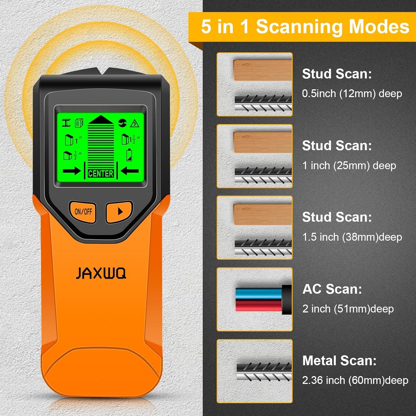 Stud Finder Wall Scanner - 5 in 1 Stud Finder Tool w/Smart Chip and HD LCD Display, Stud Detector Beam Finders for the Center and Edge of Wood AC Wire Metal Studs Joist Pipe (Orange Juice)